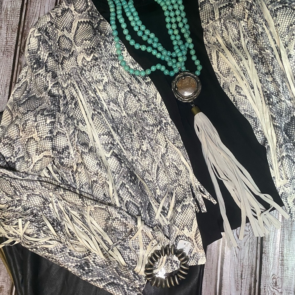 Vocal Snake Print Fringe Jacket - Black and Cream